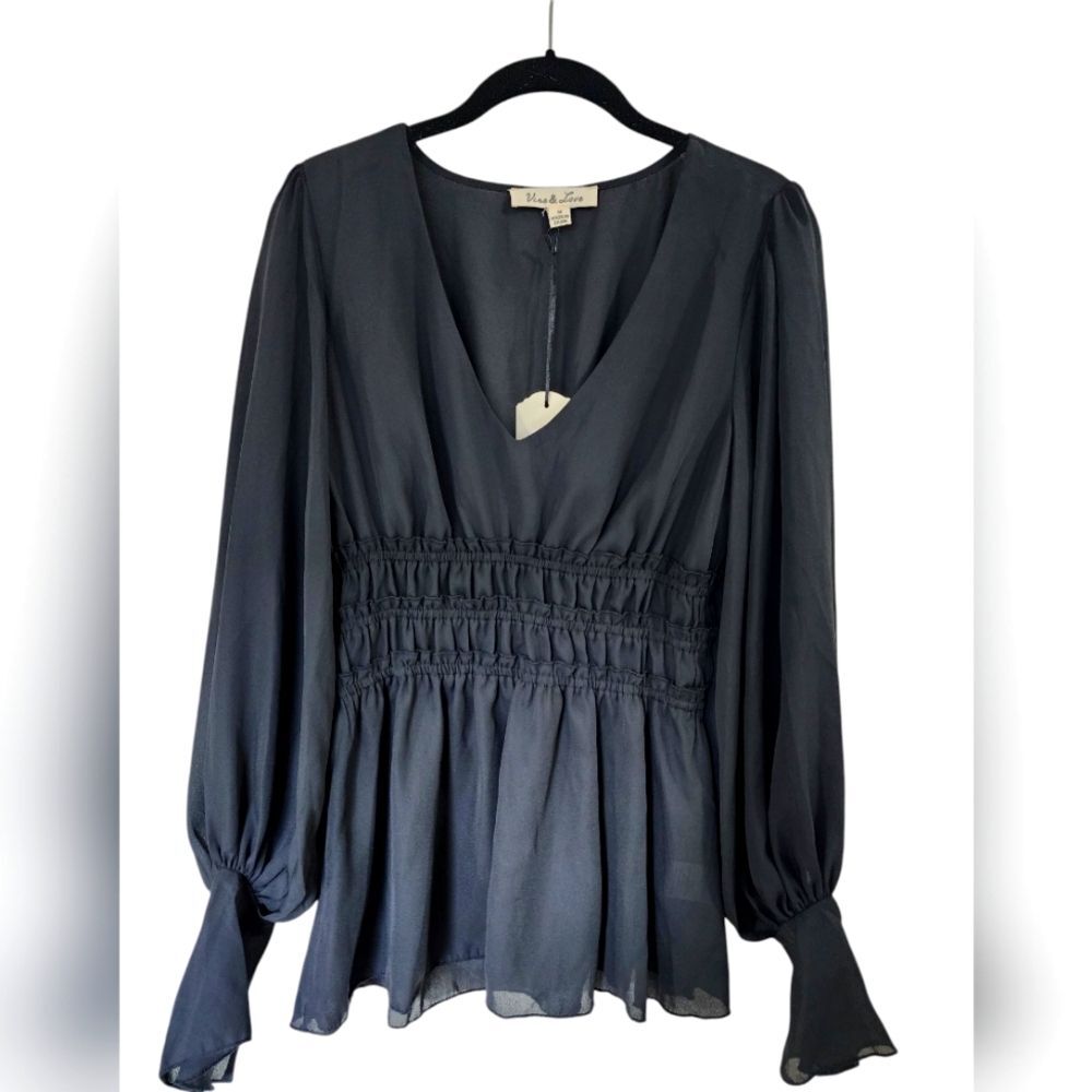 VINE & LOVE black blouse, long puff sleeves, v-neck, smock waist, size M